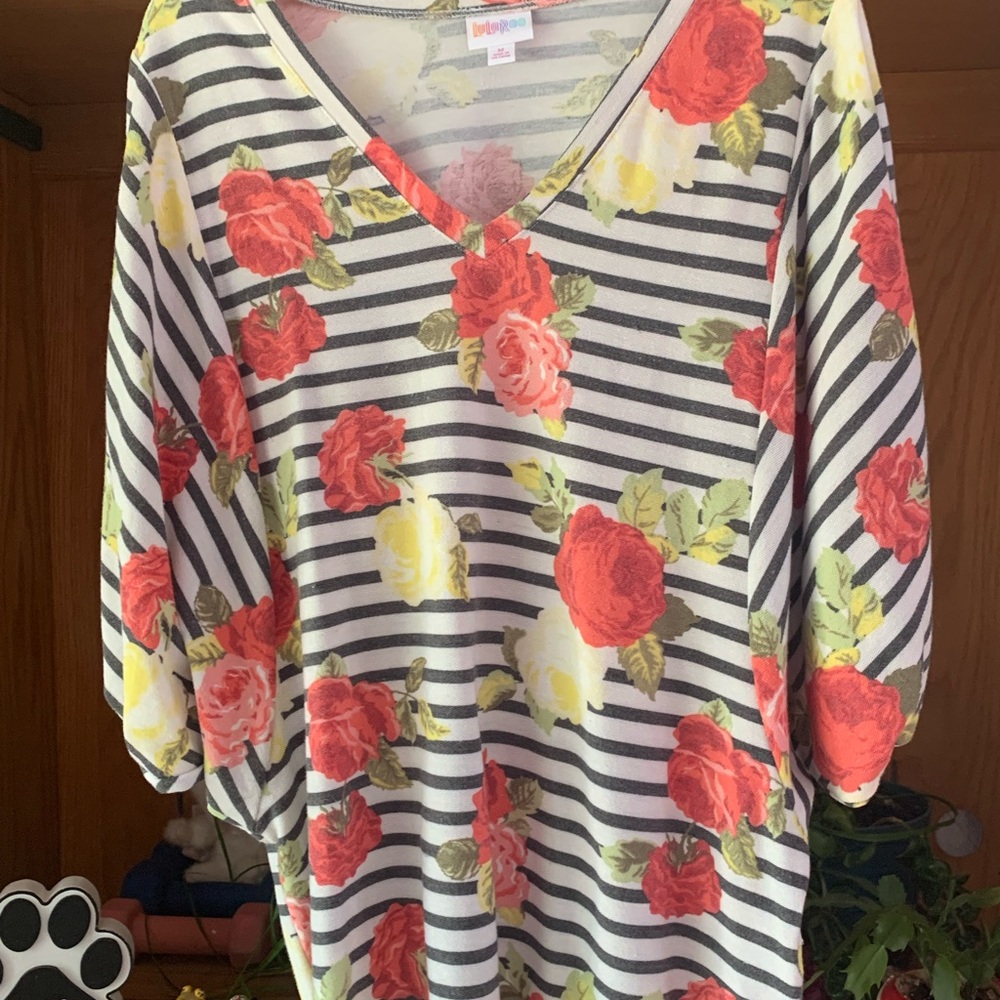 LuLaRoe Red and Yellow Floral Striped V-Neck Top